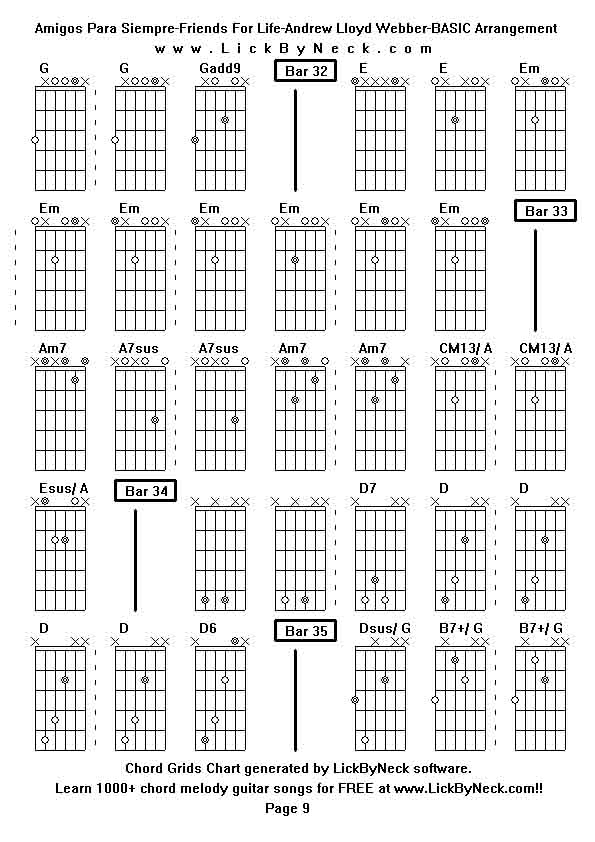 Chord Grids Chart of chord melody fingerstyle guitar song-Amigos Para Siempre-Friends For Life-Andrew Lloyd Webber-BASIC Arrangement,generated by LickByNeck software.